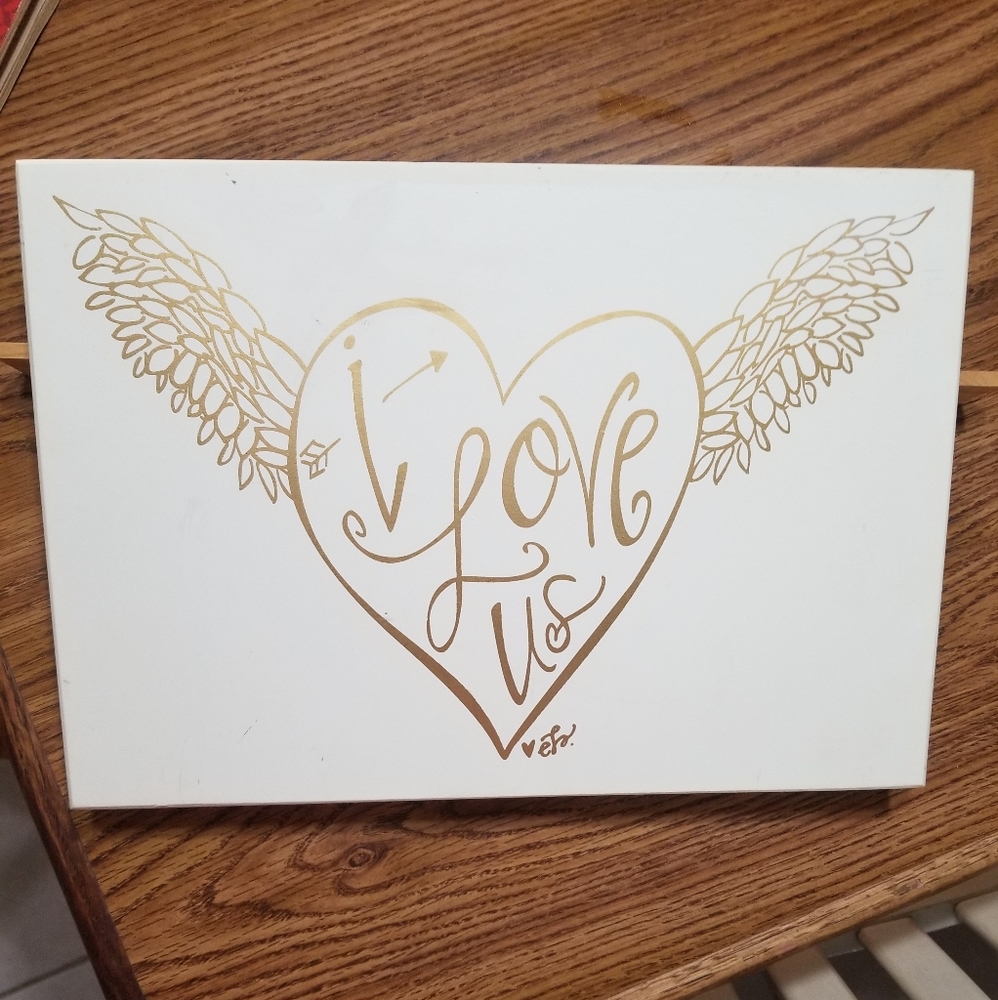 I Love Us Heart Gold Wings wooden board wall sign